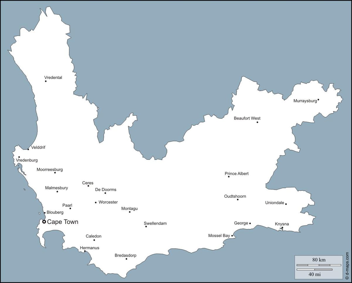 blank kart over Cape Town