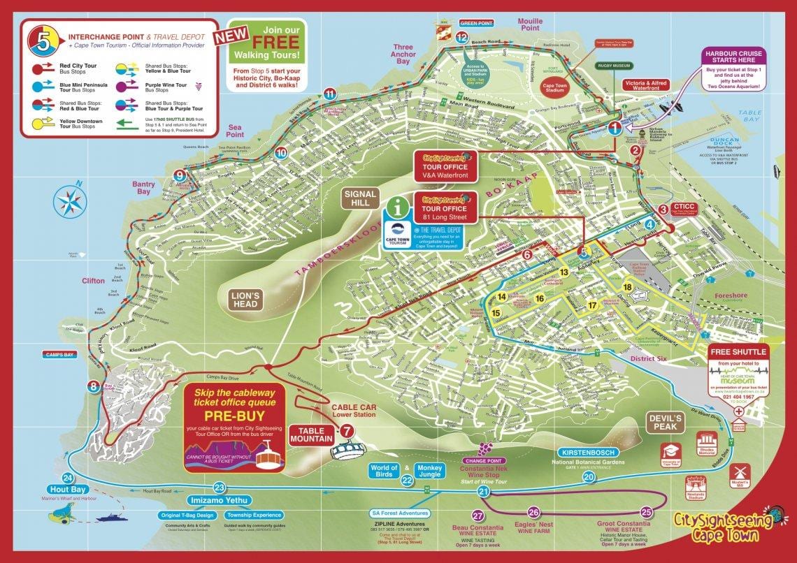 kart over Cape Town city sightseeing-bussen