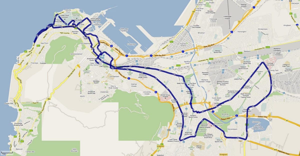 kart over Cape Town marathon rute