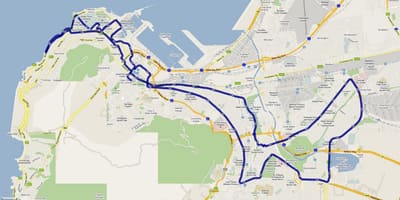 Kart over Cape Town marathon rute 